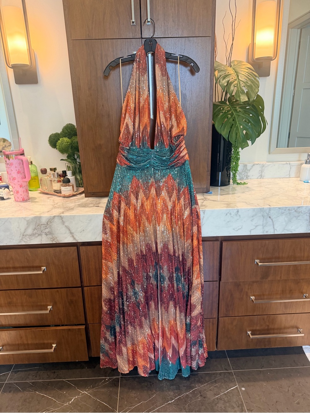 Ramy Brook Reyna Rust and Gold Plunging Halter Zigzag Maxi Dress - Picture 5 of 7